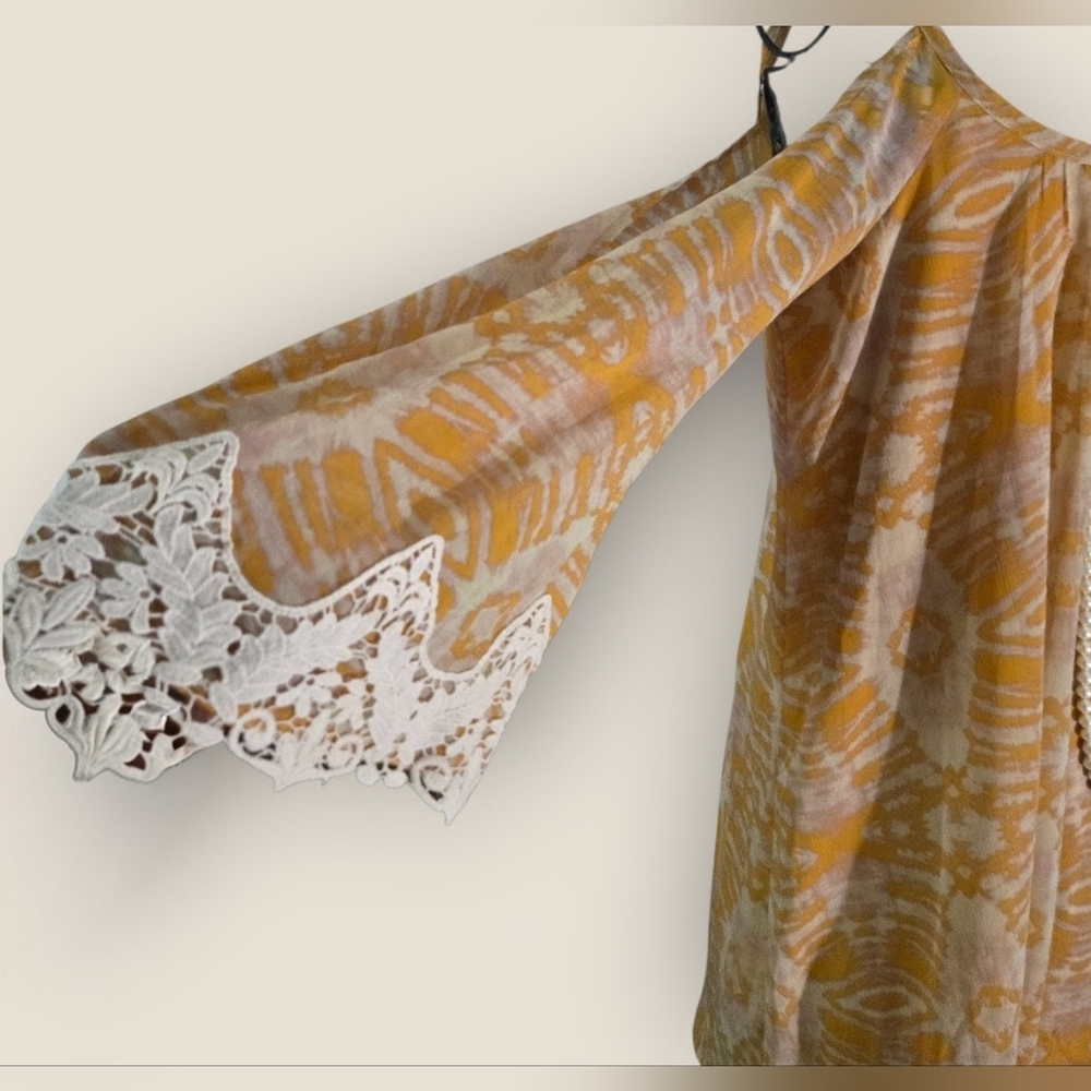 Xhilaration Mustard Ikat Spaghetti Strap Blouse with Crochet Sleeve Trim Size XS - Picture 3 of 4